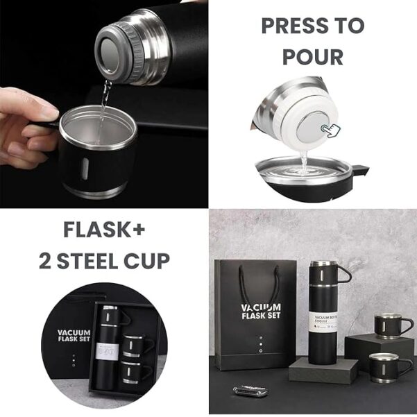 Customised Stainless Steel Vacuum Flask and Flask Set 3 Steel Cups with Flask Combo Ideal Gift (Black) - Image 5